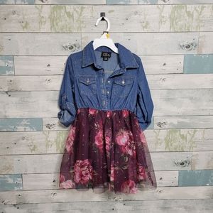 Girls' Lilt 3/4 Roll Sleeve Denim and Tulle Dress